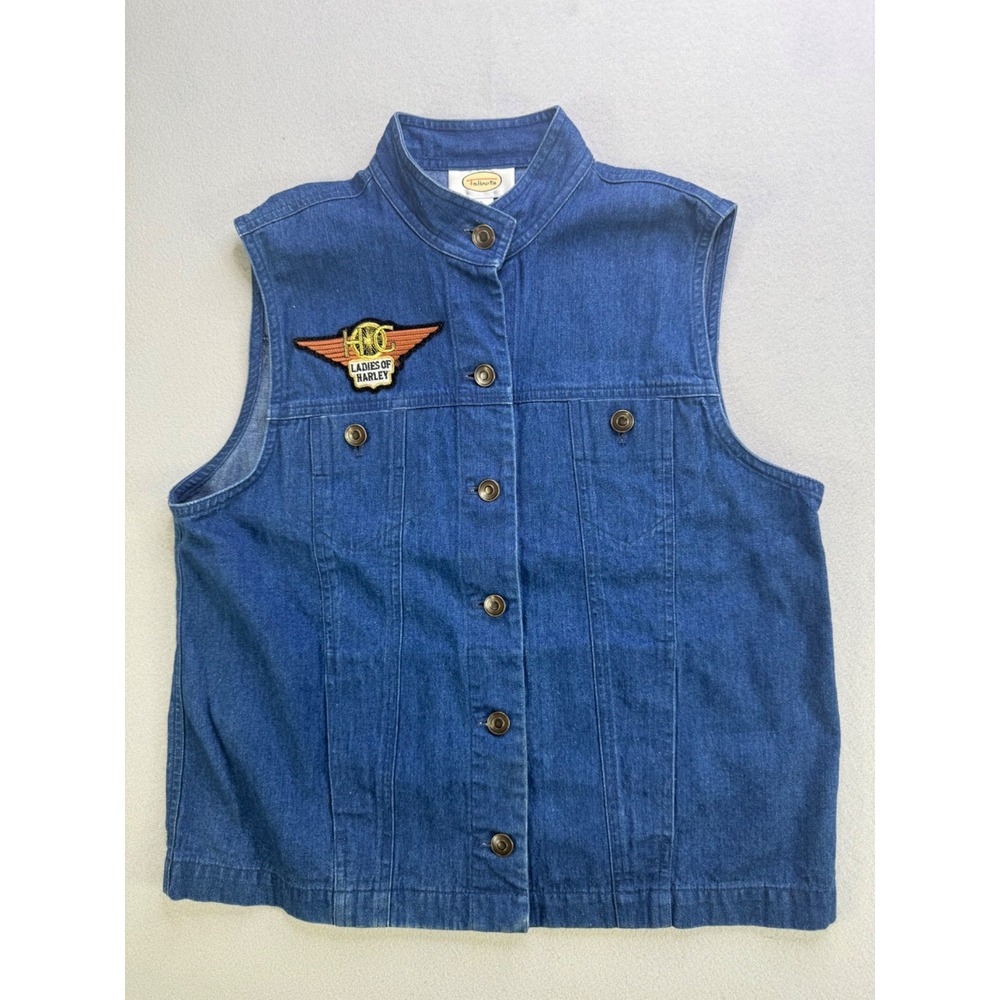 Talbots‎ Denim Vest Ladies of Harley Patch Sleeveless Jean Jacket Size S Blue